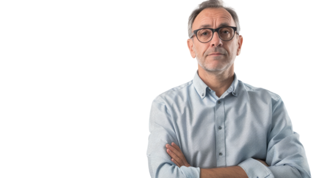 A man with glasses stands with arms crossed, exuding confidence and deep thought
