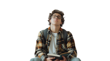 A young man absorbed in reading a book while sitting on the floor