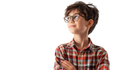 A young boy in a plaid shirt and glasses gazes curiously at the world around him