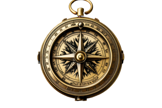 Brass Compass on White Background. On a White or Clear Surface PNG Transparent Background.