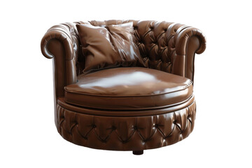 Brown Leather Chair With Pillow. On a Transparent Background.