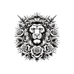 Lion with Roses Vector Artwork - Majestic Black and White Lion Illustration with Floral Motifs