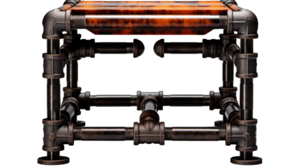 A unique table crafted from industrial pipes and reclaimed wood, blending rugged charm with modern design