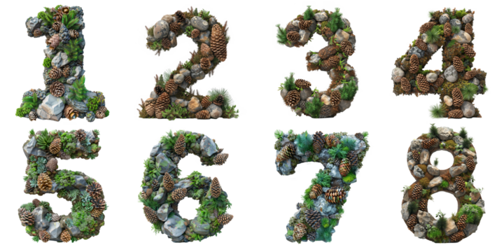 Forest Floor Alphabet: Numbers 1, 2, 3, 4, 5, 6, 7, 8 Composed of Pine Cones, Moss, and Pebbles