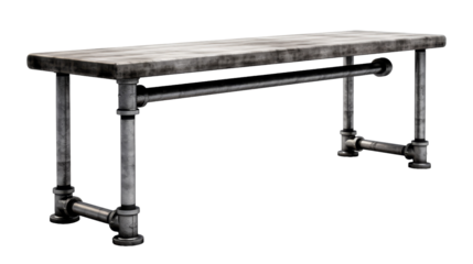 A unique bench crafted from industrial pipes and sturdy concrete, blending urban and natural elements