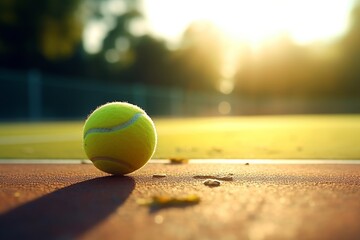 Bright tennis ball on the tennis court at dawn with a place to copy text and a peaceful atmosphere