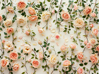 Floral pattern made of pink and beige roses, green leaves, branches on white background. Flat lay, top view. Valentine's background. Floral pattern. Pattern of flowers. Flowers pattern texture 