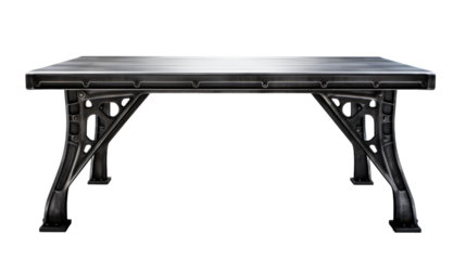 A black table sits alone against a stark white background, creating a striking contrast