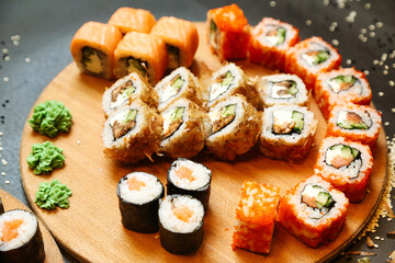 Abundant Sushi Platter on a Wooden Plate