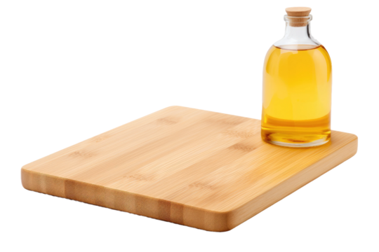 Bottle of Oil on Cutting Board. On a White or Clear Surface PNG Transparent Background.
