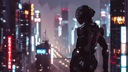 uturistic robot exploring a neon-lit cityscape
