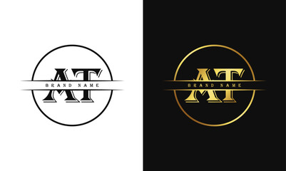 Elegant, Luxurious, Professional and minimal AT letters monogram icon design in bright golden color.