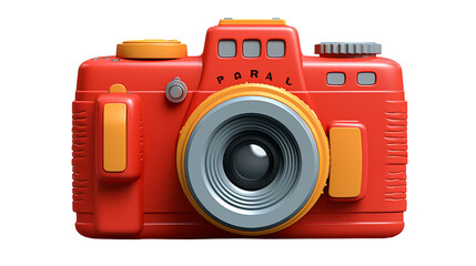 A vibrant red and yellow camera with a bright yellow lens capturing the essence of the sun - obrazy, fototapety, plakaty