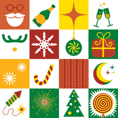 Christmas symbols seamless advent pattern. Geometric background with simple shapes Santa, gift, Champagne, fireworks, candy, moon and stars. Bauhaus style Merry Christmas poster, postcard, cover.