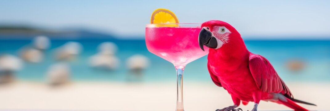 Vibrant pink tropical cocktail on white beach background with parrot and beautiful sea. Copy space