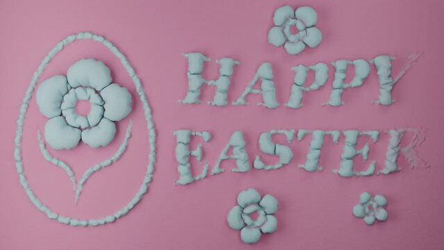 Festive 3d animation for the Easter holiday. An image of an Easter egg and the text "Happy Easter" and images of flowers swell on a pink background. Loop animation with congratulations. A soft pink ba