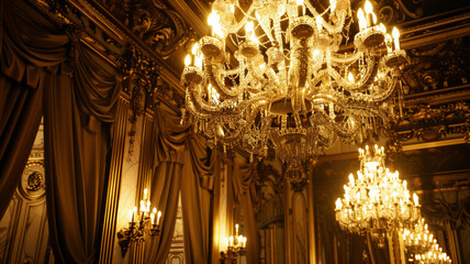 Grand chandeliers casting a warm glow in a luxurious, ornate ballroom.