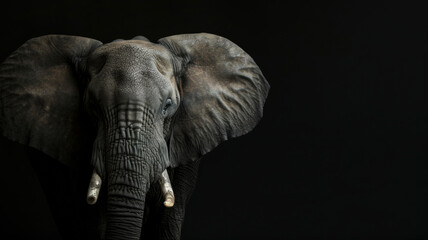 Naklejka premium Majestic African elephant emerging from darkness with a powerful gaze.