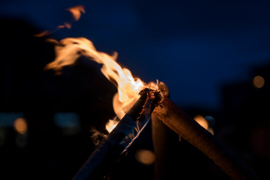 Close-up of campfire burning at night