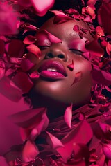 stylish fashion photoshop of plus size model with petals, dark magenta and light crimson