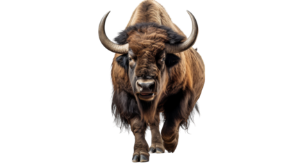 A bison with large horns walks gracefully on a white background
