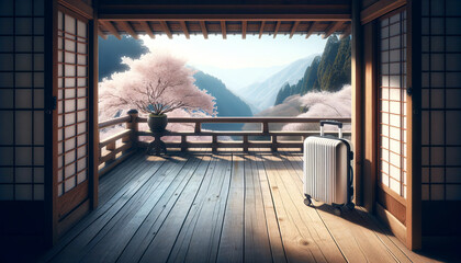 A tranquil setting with luggage on a japanese wooden balcony , ideal for travelers seeking...
