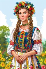 illustration of young beautiful woman in a traditional Ukrainian costume. stunning flowers details, ornament.