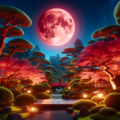 Japanese garden, bloody moon