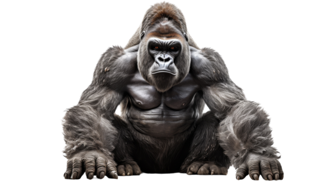 A large gorilla is sitting with his legs crossed in a thoughtful pose