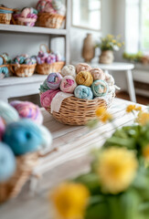A basket of yarn on a wooden table in a room with hardwood floors, a picture frame on the wall, and shelves for storage - 761249177