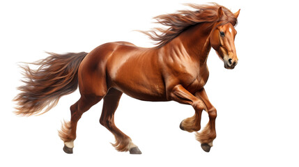 A majestic brown horse is energetically galloping on its hind legs