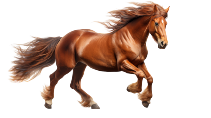 A majestic brown horse is energetically galloping on its hind legs