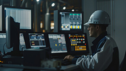 Focused engineer operating complex control systems at night.