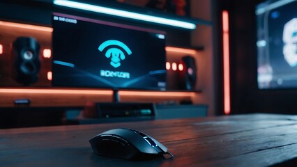 Empty wooden table with beautiful gamer room background, photorealistic