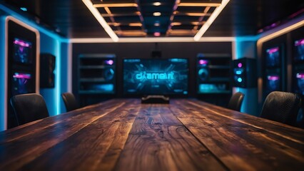 Empty wooden table with beautiful gamer room background, photorealistic
