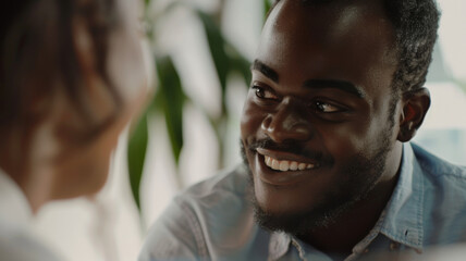Smiling man engaging in a delightful and friendly conversation. - obrazy, fototapety, plakaty
