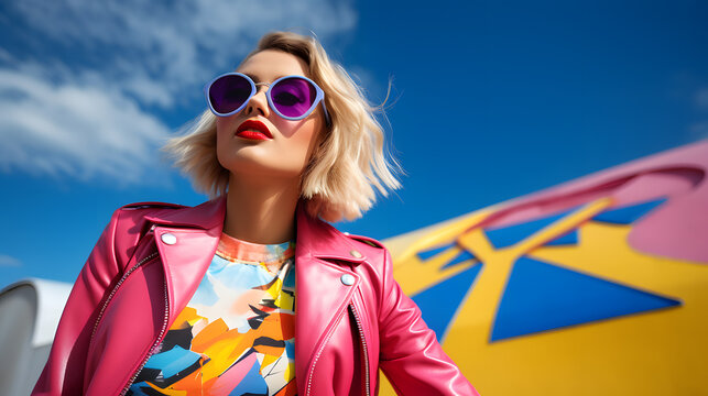 Fashion photo of young woman with bob haircut in  leather color jacket and sunglasses, against blue sky background 