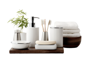 Bathroom Set With Soap Dispenser and Toothbrush Holder. On a White or Clear Surface PNG Transparent Background.
