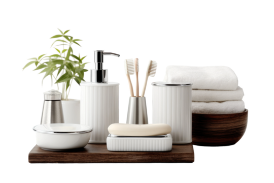 Bathroom Set With Soap Dispenser and Toothbrush Holder. On a White or Clear Surface PNG Transparent Background.