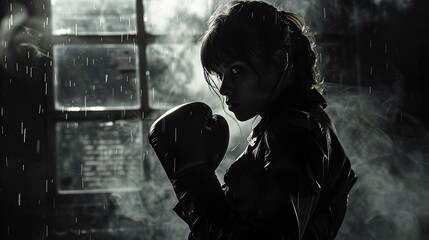 Amidst a sea of shadows, a woman emerges, adorned in black boxing gloves, her presence commanding attention with the stark contrasts and dramatic lighting characteristic of film noir, exuding an air o - obrazy, fototapety, plakaty