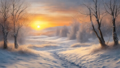 Fototapeta na wymiar Alba Invernale- Paesaggio Incantevole Immerso nella Luce Dorata