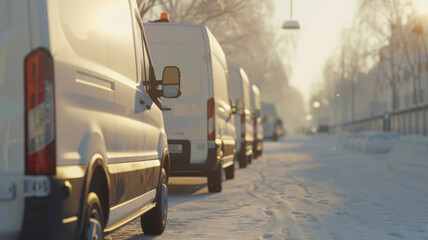 Morning light shines on a row of delivery vans lined up on a snowy street.