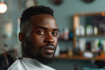 Portrait of African American male getting a haircut at the barber shop, looking at camera with copy space. 