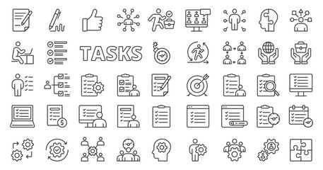 Tasks icons in line design. Tasking, to do, planing, business, duty, project, manager, report, list, check, plan, check mark isolated on white background vector. Tasks editable stroke icons.