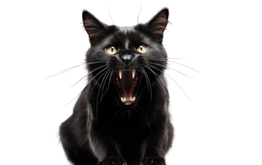 Startled Black Cat With Mouth Wide Open. On a White or Clear Surface PNG Transparent Background.