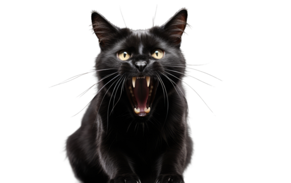 Startled Black Cat With Mouth Wide Open. On a White or Clear Surface PNG Transparent Background.