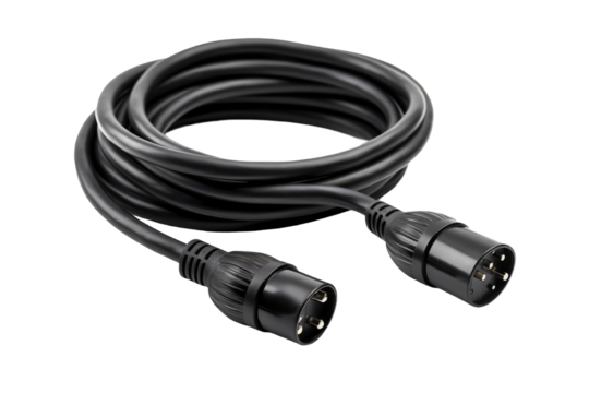 Black Extension Cord With Two Plugs. On a White or Clear Surface PNG Transparent Background.