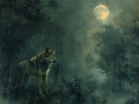 In the stillness of a moonlit night, a lone wolf prowls through a forest shrouded in mist, its golden eyes glinting with the promise of fortune in its relentless pursuit of money, reminiscent of Caspa