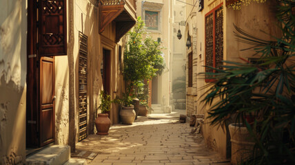 Fototapeta premium Sun-drenched alley in an old charming town, inviting exploration and adventure.