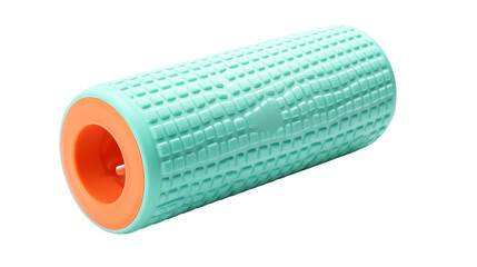 Green and orange foam roller resting on a white background